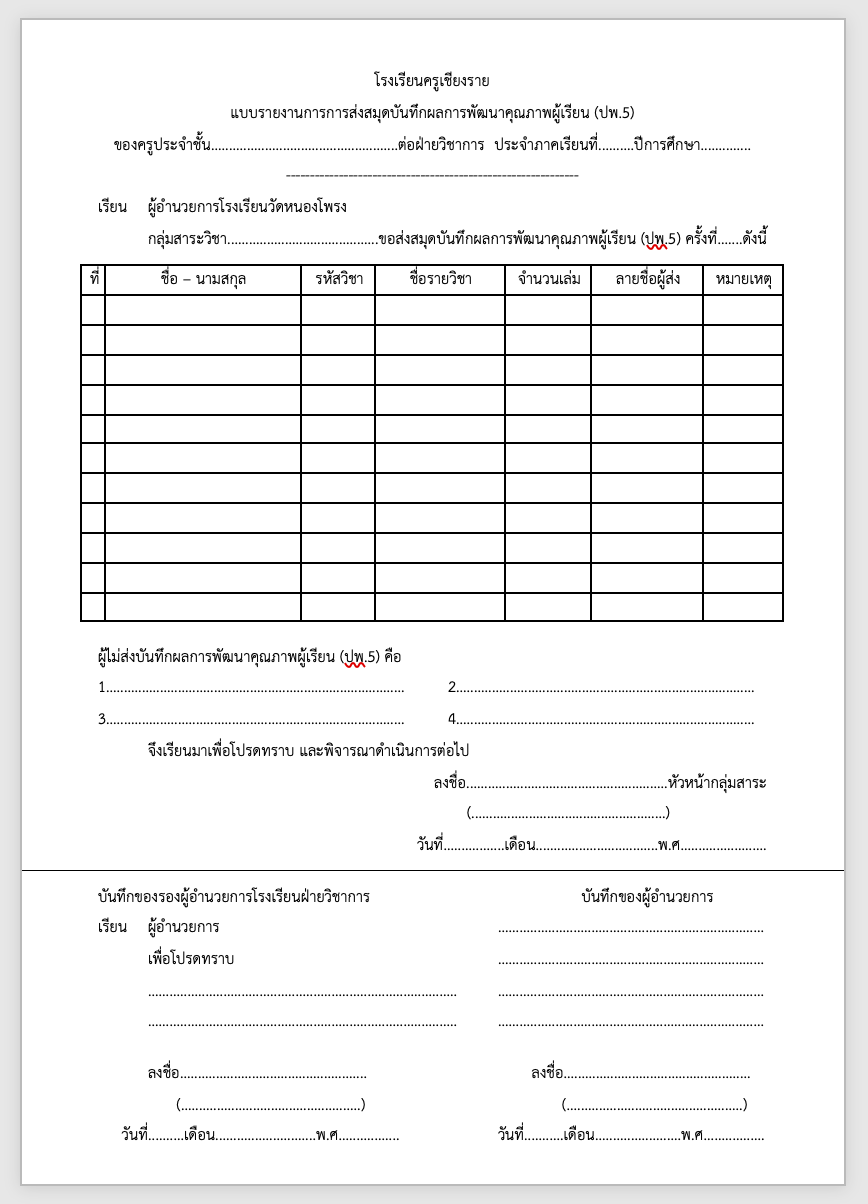 แบบรายงานการส่ง ปพ5 - ครูเชียงราย