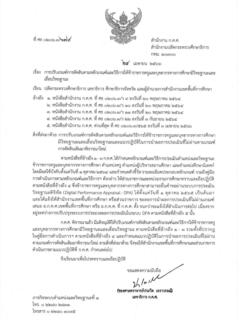 เมื่อคราวประชุม คณะกรรมการข้าราชการครูและบุคลากรทางการศึกษา (ก.ค.ศ.) ครั้งที่ 5/2566 วันอังคารที่ 25 เมษายน 2566 ก.ค.ศ. ได้มีมติอนุมัติ การปรับเกณฑ์การตัดสินตามหลักเกณฑ์และวิธีการให้ข้าราชการครูและบุคลากรทางการศึกษามีวิทยฐานะและเลื่อนวิทยฐานะ ตาม ว 9 – ว 11/2564 ดังนี้ เมื่อคราวประชุม คณะกรรมการข้าราชการครูและบุคลากรทางการศึกษา (ก.ค.ศ.) ครั้งที่ 5/2566 วันอังคารที่ 25 เมษายน 2566 ก.ค.ศ. ได้มีมติอนุมัติ การปรับเกณฑ์การตัดสินตามหลักเกณฑ์และวิธีการให้ข้าราชการครูและบุคลากรทางการศึกษามีวิทยฐานะและเลื่อนวิทยฐานะ ตาม ว 9 – ว 11/2564 ดังนี้