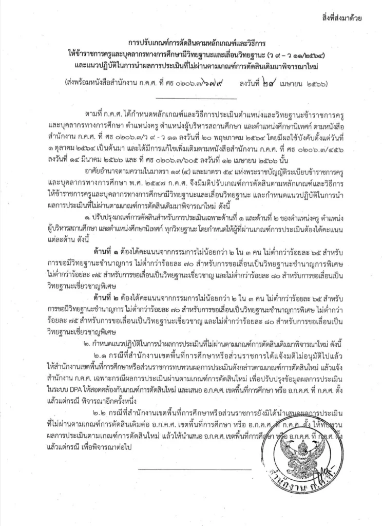 เมื่อคราวประชุม คณะกรรมการข้าราชการครูและบุคลากรทางการศึกษา (ก.ค.ศ.) ครั้งที่ 5/2566 วันอังคารที่ 25 เมษายน 2566 ก.ค.ศ. ได้มีมติอนุมัติ การปรับเกณฑ์การตัดสินตามหลักเกณฑ์และวิธีการให้ข้าราชการครูและบุคลากรทางการศึกษามีวิทยฐานะและเลื่อนวิทยฐานะ ตาม ว 9 – ว 11/2564 ดังนี้ เมื่อคราวประชุม คณะกรรมการข้าราชการครูและบุคลากรทางการศึกษา (ก.ค.ศ.) ครั้งที่ 5/2566 วันอังคารที่ 25 เมษายน 2566 ก.ค.ศ. ได้มีมติอนุมัติ การปรับเกณฑ์การตัดสินตามหลักเกณฑ์และวิธีการให้ข้าราชการครูและบุคลากรทางการศึกษามีวิทยฐานะและเลื่อนวิทยฐานะ ตาม ว 9 – ว 11/2564 ดังนี้