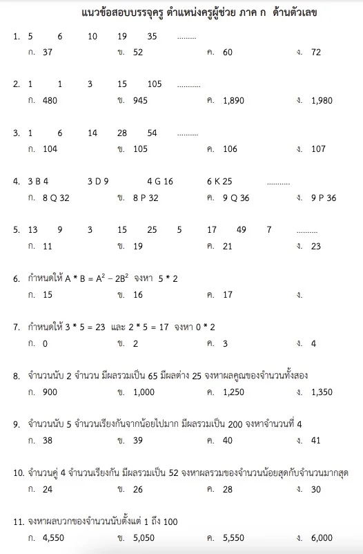 แนวข้อสอบบรรจุครู ตำแหน่งครูผู้ช่วย ภาค ก ด้านตัวเลข