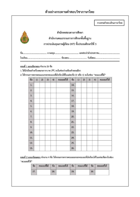ดาวน์โหลดตัวอย่างกระดาษคำตอบ NT 2568 ภาษาไทยและคณิตศาสตร์ - ครูเชียงราย