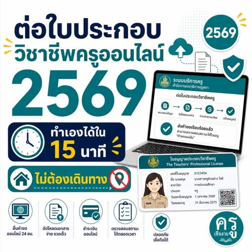 ต่อใบประกอบวิชาชีพครูออนไลน์ 2569 ทำเองได้ใน 15 นาที ไม่ต้องเดินทาง