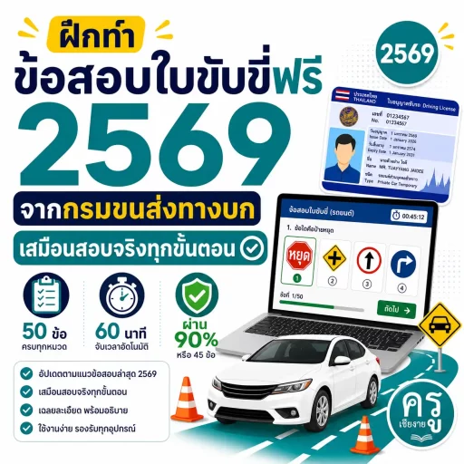ฝึกทำข้อสอบใบขับขี่ฟรี 2569 จากกรมขนส่งทางบก เสมือนสอบจริงทุกขั้นตอน