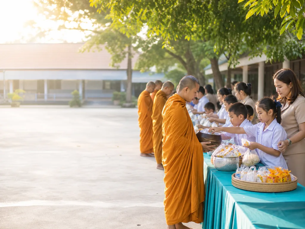 นักเรียนร่วมกิจกรรมทำบุญตักบาตรวันออกพรรษาในโรงเรียน