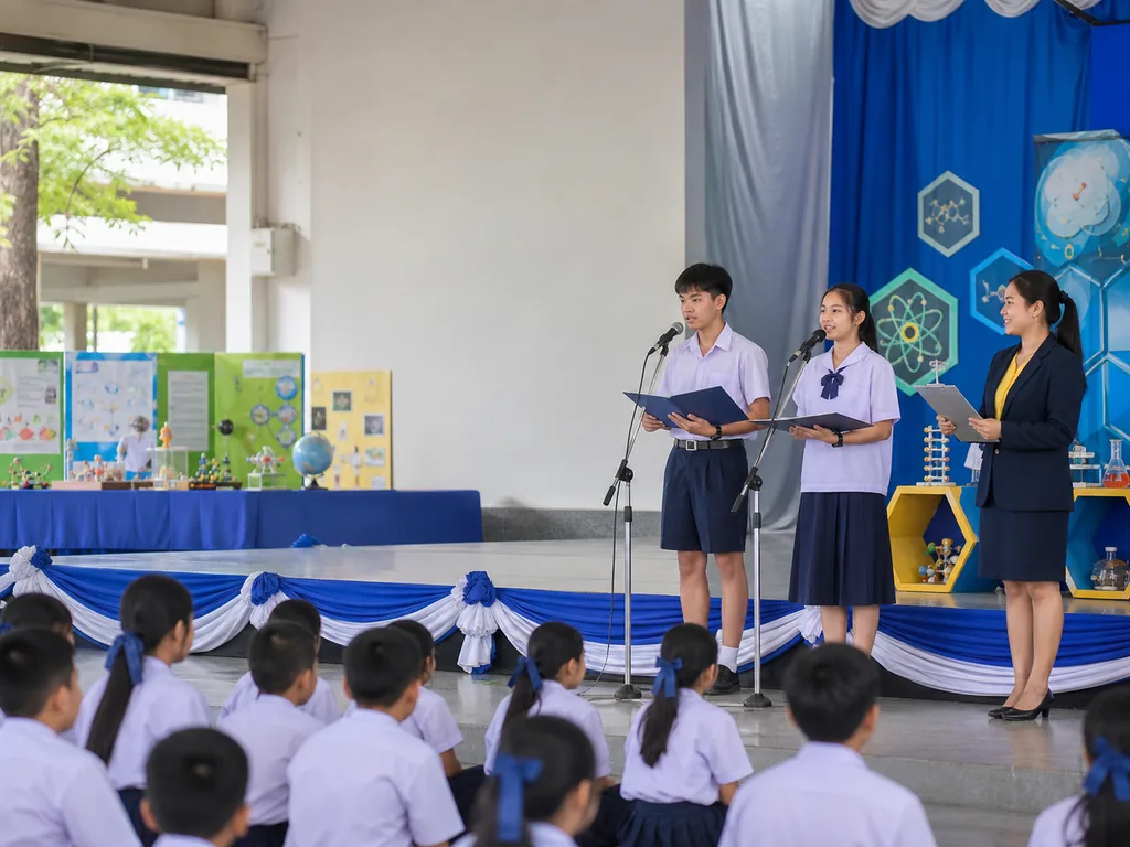 นักเรียนทำหน้าที่พิธีกรวันวิทยาศาสตร์บนเวทีโรงเรียน