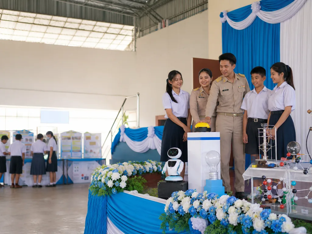 ครูและนักเรียนร่วมพิธีเปิดงานวันวิทยาศาสตร์ในโรงเรียน
