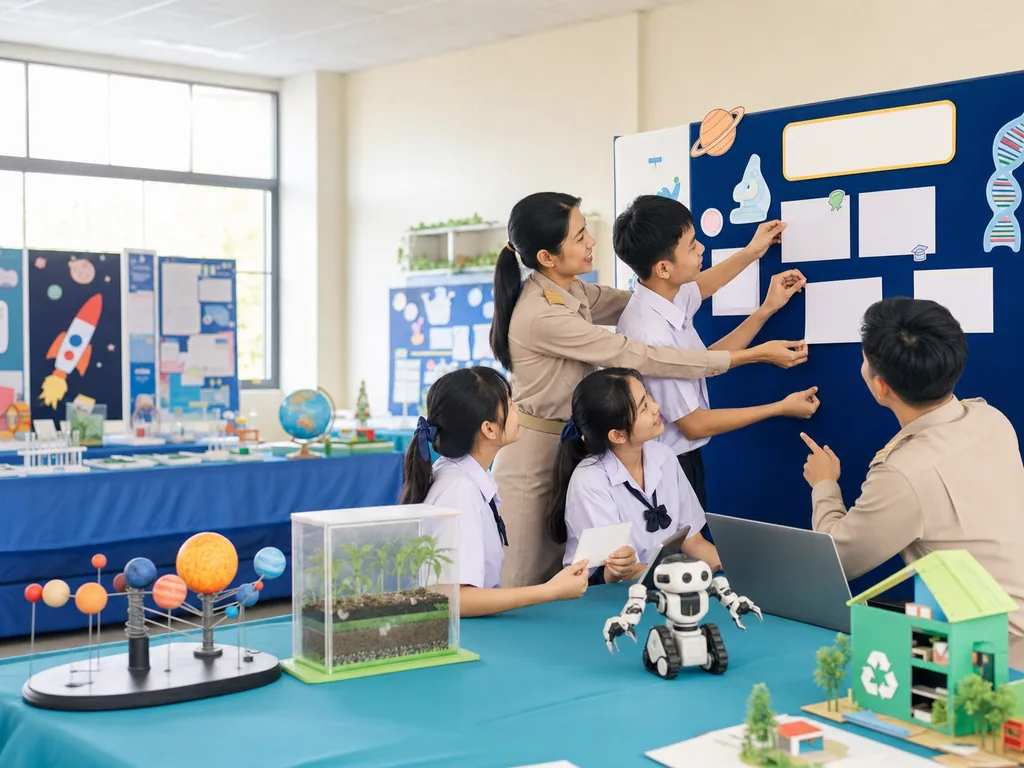 ครูและนักเรียนช่วยกันวางหัวข้อธีมวันวิทยาศาสตร์ในโรงเรียน
