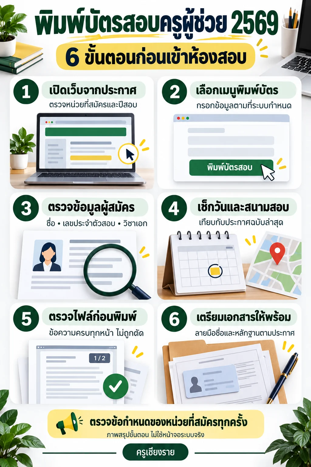 ภาพสรุป 6 ขั้นตอนพิมพ์บัตรสอบครูผู้ช่วย 2569 ตั้งแต่เปิดเว็บตามประกาศ ตรวจข้อมูลผู้สมัคร จนถึงเตรียมเอกสาร