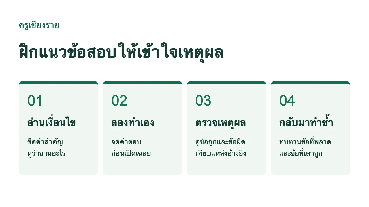 วิธีฝึกแนวข้อสอบ อ่านเงื่อนไข ลองทำ ตรวจเหตุผล และทำซ้ำ