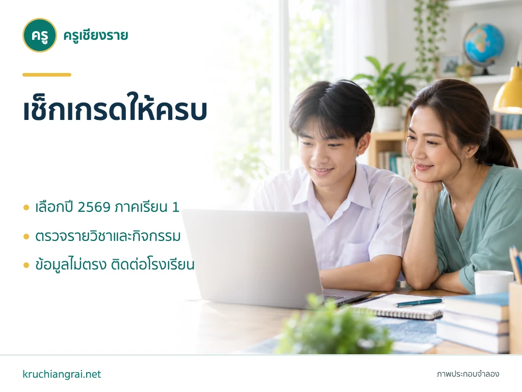 ขั้นตอนเลือกปีและภาคเรียน ตรวจรายวิชา และติดต่อโรงเรียนเมื่อข้อมูลไม่ตรงใน SGS